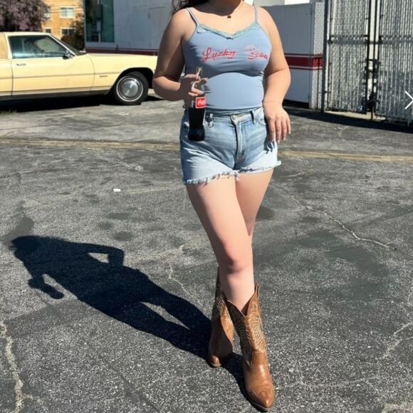 Virghoes Powder Blue Lacy Cami with red text printed Lucky You - Picture 13 of 13